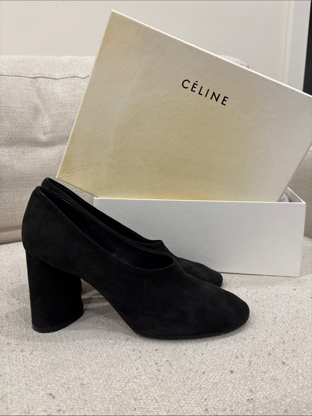 Celine Black Suede Rounded Toe Block Heel Pumps